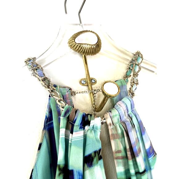 Marciano Kaleidoscope Gown Maxi Dress Chainlink Halter Cut Outs Sz 2 Blue Green - Picture 3 of 10